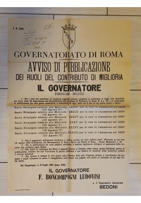 Manifesto Originale Roma 1930 Tassa Contributo Miglioria Boncompagni Ludovisi