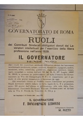 Manifesto Originale Roma 1929 Sindacati Professionisti Intellettuali Ludovisi