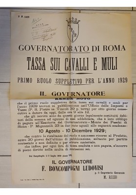 Manifesto Originale Roma 1929 Tassa Cavalli Muli Boncompagni Ludovisi