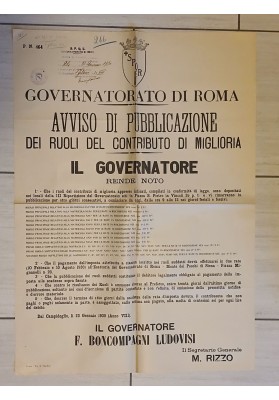Manifesto Originale Roma 1930 Contributo Miglioria Ruoli Boncompagni Ludovisi
