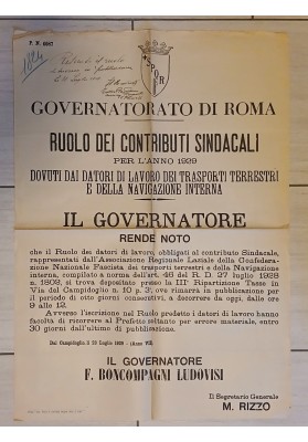Manifesto Originale Roma 1929 Sindacati Trasporti Navigazione Ludovisi