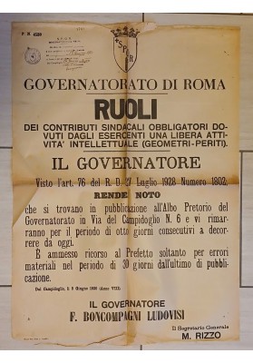 Manifesto Originale Roma 1930 Sindacati Geometri Periti Liberi Professionisti