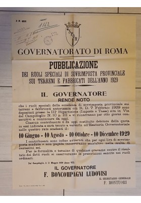 Manifesto Originale Roma 1929 Sovrimposta Terreni Fabbricati Ludovisi