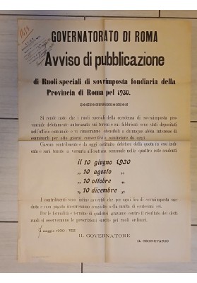 Manifesto Originale Roma 1930 Sovrimposta Fondiaria Terreni Fabbricati