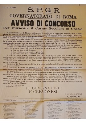 Manifesto Originale Roma 1926 Concorso Carme Secolare Orazio Cremonesi