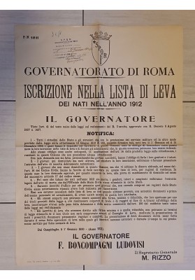 Manifesto Originale Roma 1930 Lista Leva Militare Nati 1912 Boncompagni Ludovisi
