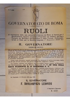 Manifesto Originale Roma 1929 Bonifica Agraria Agro Romano Boncompagni Ludovisi