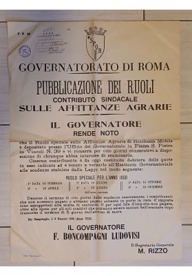 Manifesto Originale Roma 1930 Affittanze Agrarie Tasse Boncompagni Ludovisi