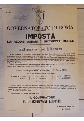 Manifesto Originale Roma 1930 Imposta Redditi Agrari Tasse Boncompagni Ludovisi
