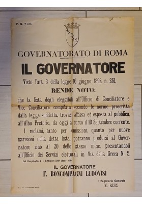 Manifesto Originale Roma 1929 Giudice Conciliatore Ufficio Elettorali Ludovisi