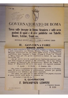 Manifesto Originale Roma 1929 Tassa Insegne Lingua Straniera Ludovisi