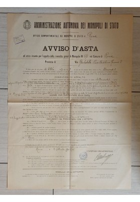 Manifesto Originale 1930 Asta Monopoli Tabaccheria Roma Garbatella Romano