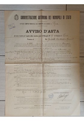 Manifesto Originale 1929 Asta Monopoli Tabaccheria Roma Piazza Fiume