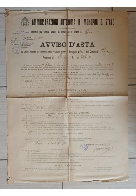 Manifesto Originale 1930 Asta Monopoli Tabaccheria Roma Via Dei Mille