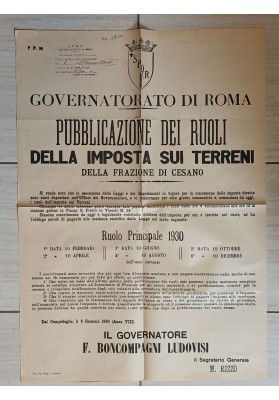 Manifesto Originale Roma 1930 Imposta Terreni Cesano Boncompagni Ludovisi
