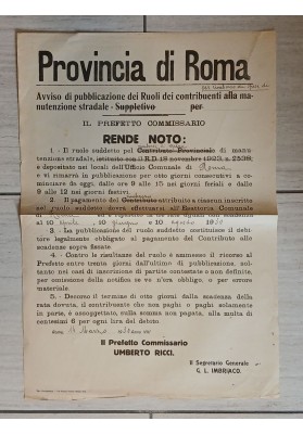 Manifesto Originale Provincia Roma 1930 Umberto Ricci Manutenzione Stradale