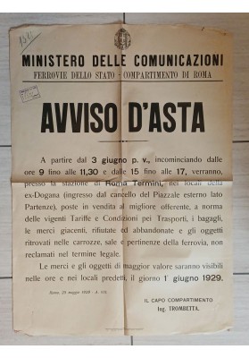 Manifesto Originale 1929 Asta Stazione Roma Termini Oggetti Smarriti Treni
