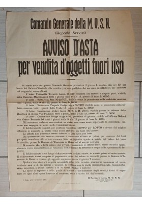 Manifesto Originale 1926 Asta Auto Moto MVSN Caserma Magnanapoli Roma