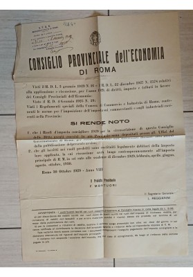 MANIFESTO STORICO REALE CONSIGLIO PROVINCIALE DELL ECONOMIA DI ROMA ANNO 1929