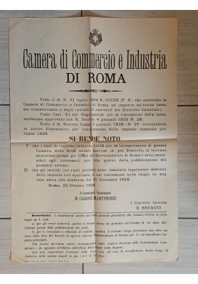 Manifesto Originale Roma 1926 Camera Di Commercio Tassa Carosi Martinozzi