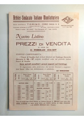 uovo Listino Prezzi di Vendita - Arbiter - Sindacato Italiano Manifatturiero (S.I.M.) - 15 Febbraio 1936-XIV.
