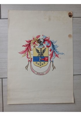 Disegno Originale XIX - XX Sec. "Stemma araldico miniato della famiglia Soldi" Brescia