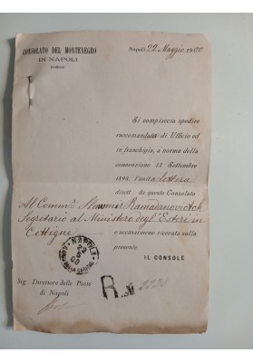 Diplomatica Montenegro (1900-1908): Franchigia consolare per Cettigne e busta Caramiello