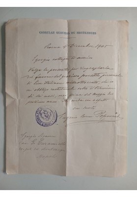 Diplomatica Montenegro (1905): Lettera autografa del Console Eugenio Popovich a Caramiello