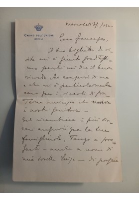 Nobiltà Napoli (1940): Lettera Casino dell'Unione per Avv. Caramiello a Palazzo Maddaloni