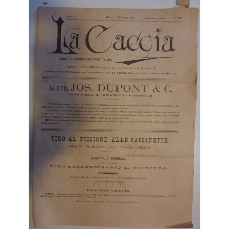 LA CACCIA Giornale illustrato dello Sport Italiano Anno X n: 328  Milano, 19 Febbraio 1885