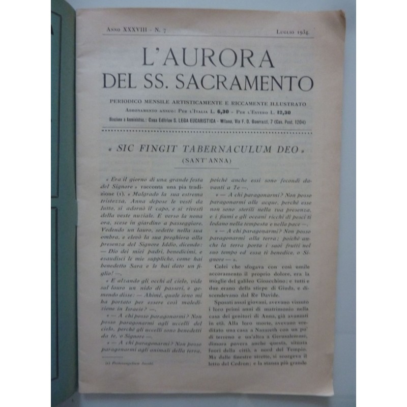 L'AURORA DEL SS. SACRAMENTO  Anno XXXVIII n.° 7 Luglio 1934