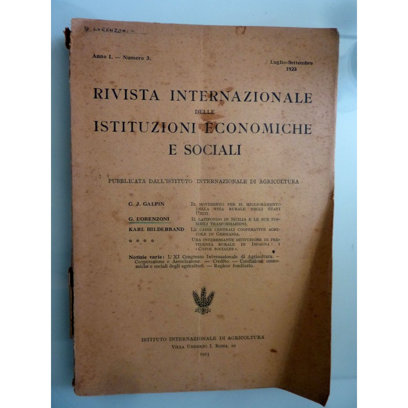 RIVISTA INTERNAZIONALE DELLE ISTITUZIONI ECONOMICHE E SOCIALI Anno I Numero 3 Luglio - Settembre 1923