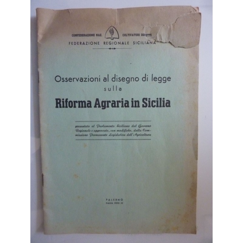 Confederazione Nazionale Coltivatori Diretti, FEDERAZIONE REGIONALE SICILIANA  - Osservazioni al disegno di legge sulla RIFORMA 