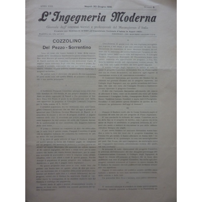 L'INGEGNERIA MODERNA  Giornale degli interessi tecnici e professionali del Mezzogiorno d'Italia Anno XVII  Napoli 30 Giugno 1916