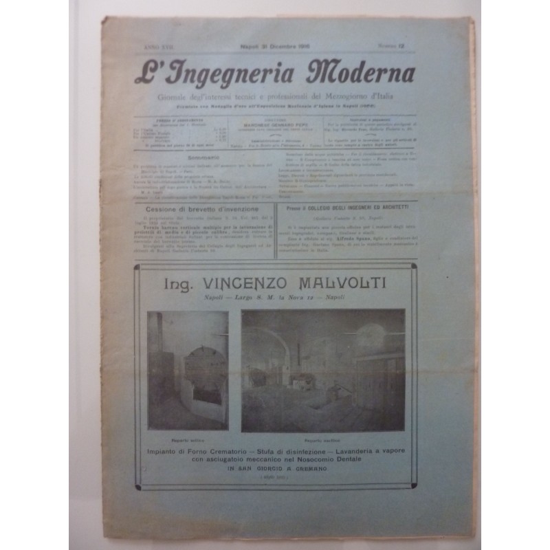 L'INGEGNERIA MODERNA  Giornale degli interessi tecnici e professionali del Mezzogiorno d'Italia Anno XVII  Napoli 31 Dicembre 19