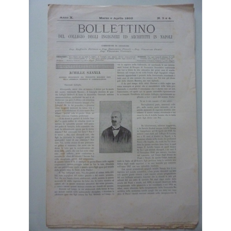 BOLLETTINO DEL COLLEGIO DEGLI INGEGNERI  ED ARCHITETTI DI NAPOLI Anno X  Marzo e Aprile 1892  N. ° 3 e 4