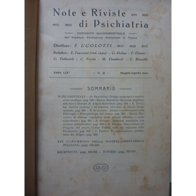 NOTE E RIVISTE DI PSICHIATRIA Periodico Quadrimestrale dell'Ospedale Psichiatrico Provinciale di Pesaro