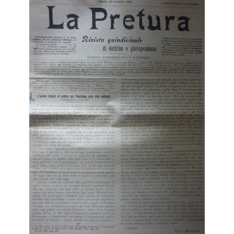 LA PRETURA Quindicinale di Dottrina e Giurisprudenza  Anno 1 n.° 18 Gaeta 30 Novembre 1905